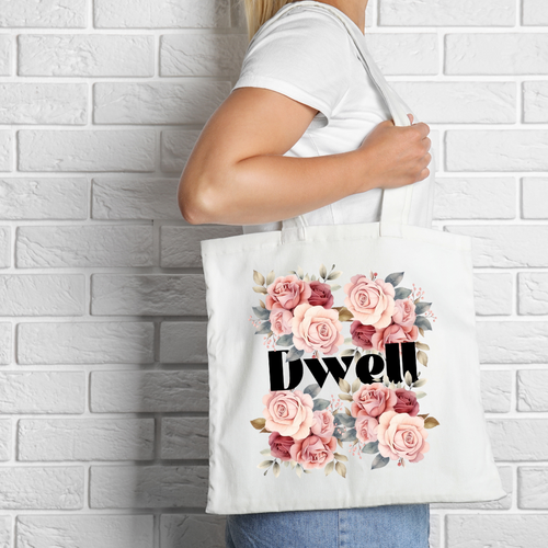 "Dwell" Floral White Cotton Tote Bag